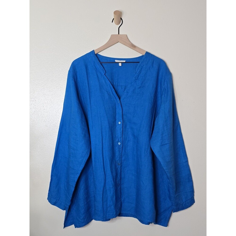 Eileen Fisher Woman 3X Blue 100% Irish Linen Button Front Tunic Shirt